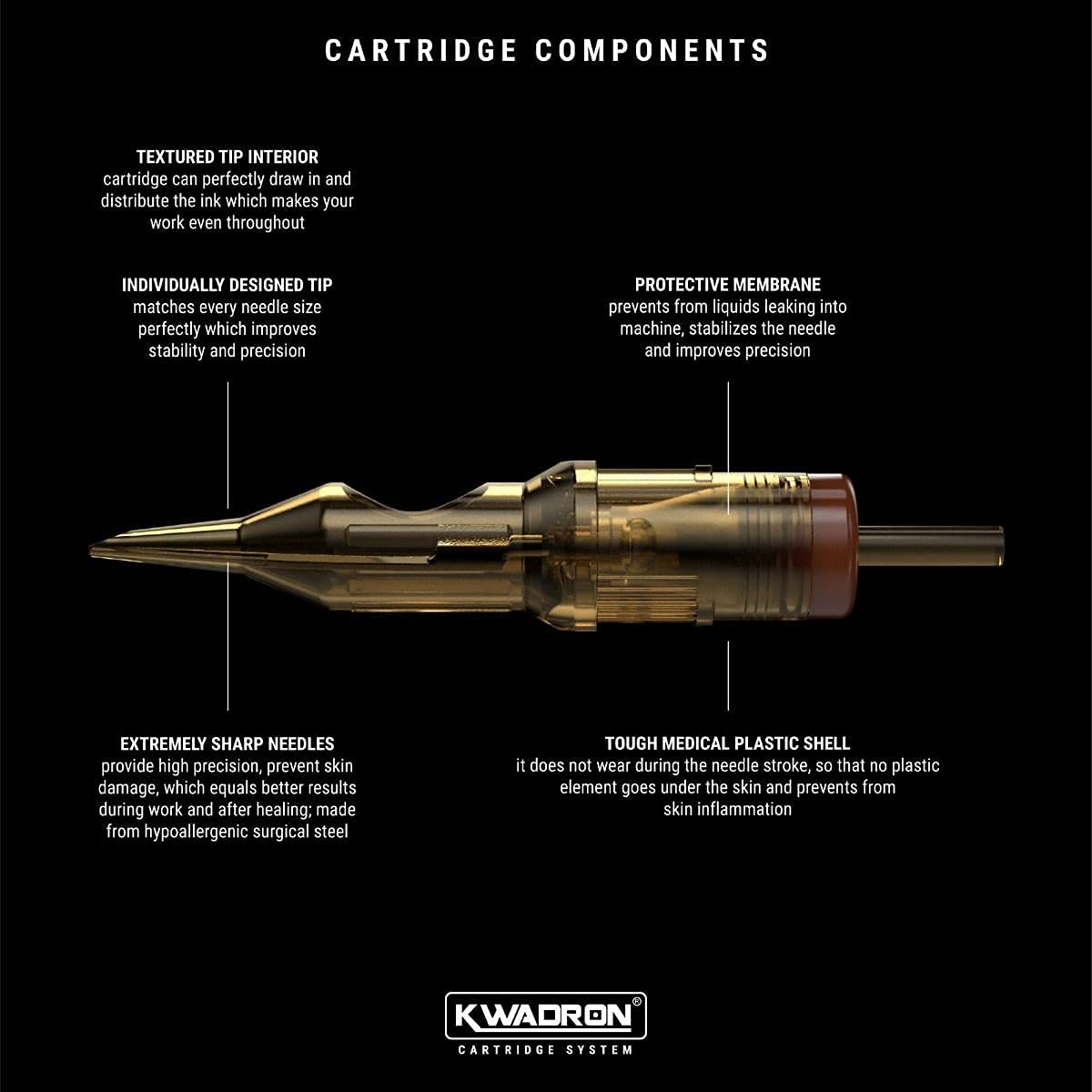 Kwadron plastic housing cartridge reduces friction for smoother tattooing sessions.