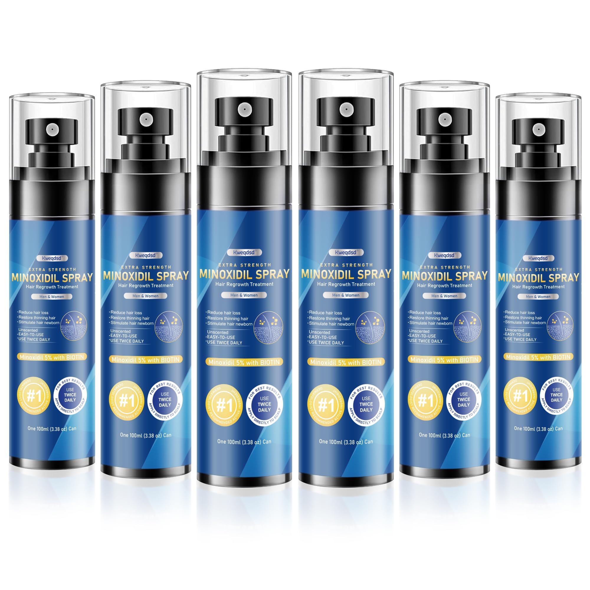 Kweqdsd 5% Minoxidil spray bottle for scalp use and potential growth support.