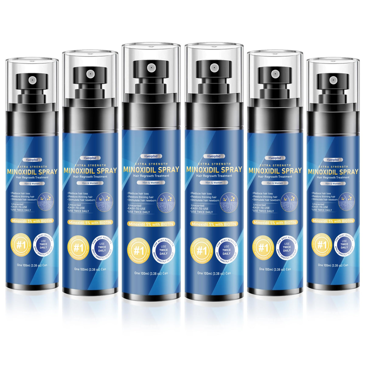 Kweqdsd 5% Minoxidil spray bottle for scalp use and potential growth support.
