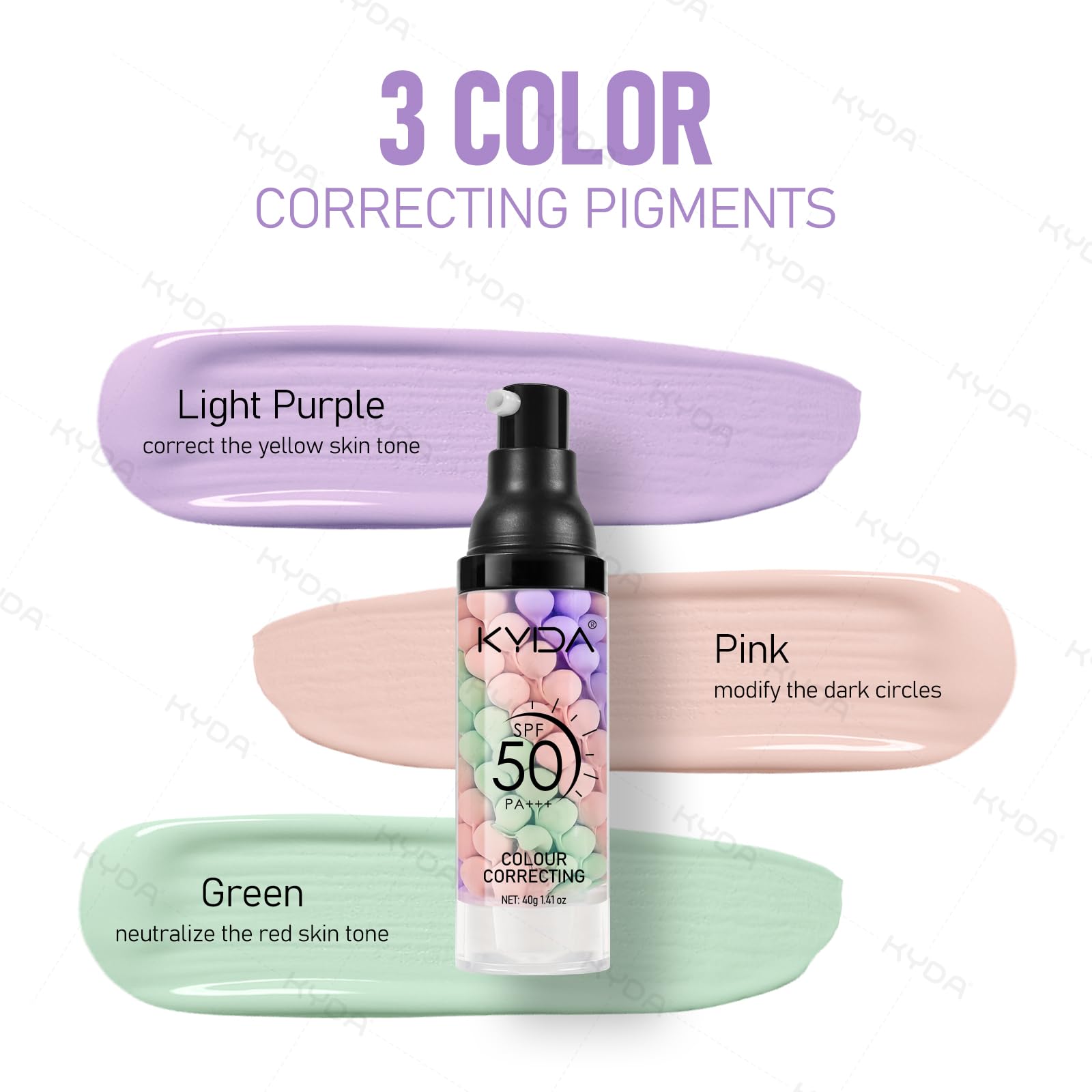 KYDA 3-in-1 pink formula balances redness for a natural glow.