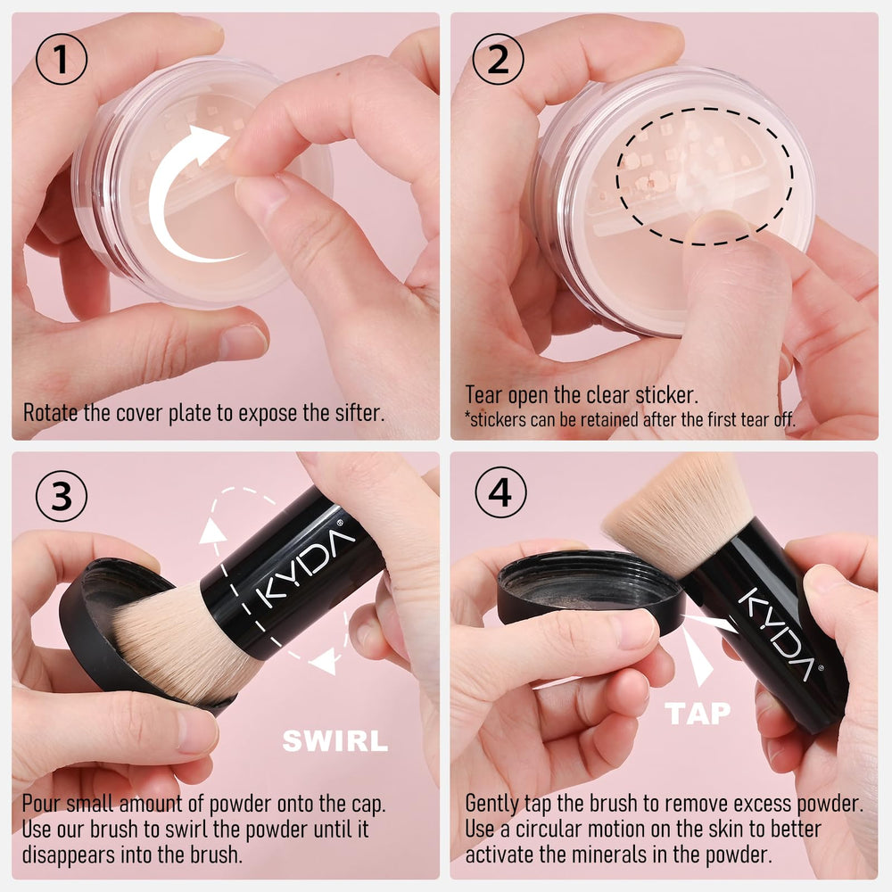 KYDA Mineral Powder Foundation bottle close-up highlights the ultra-fine texture for a seamless finish.