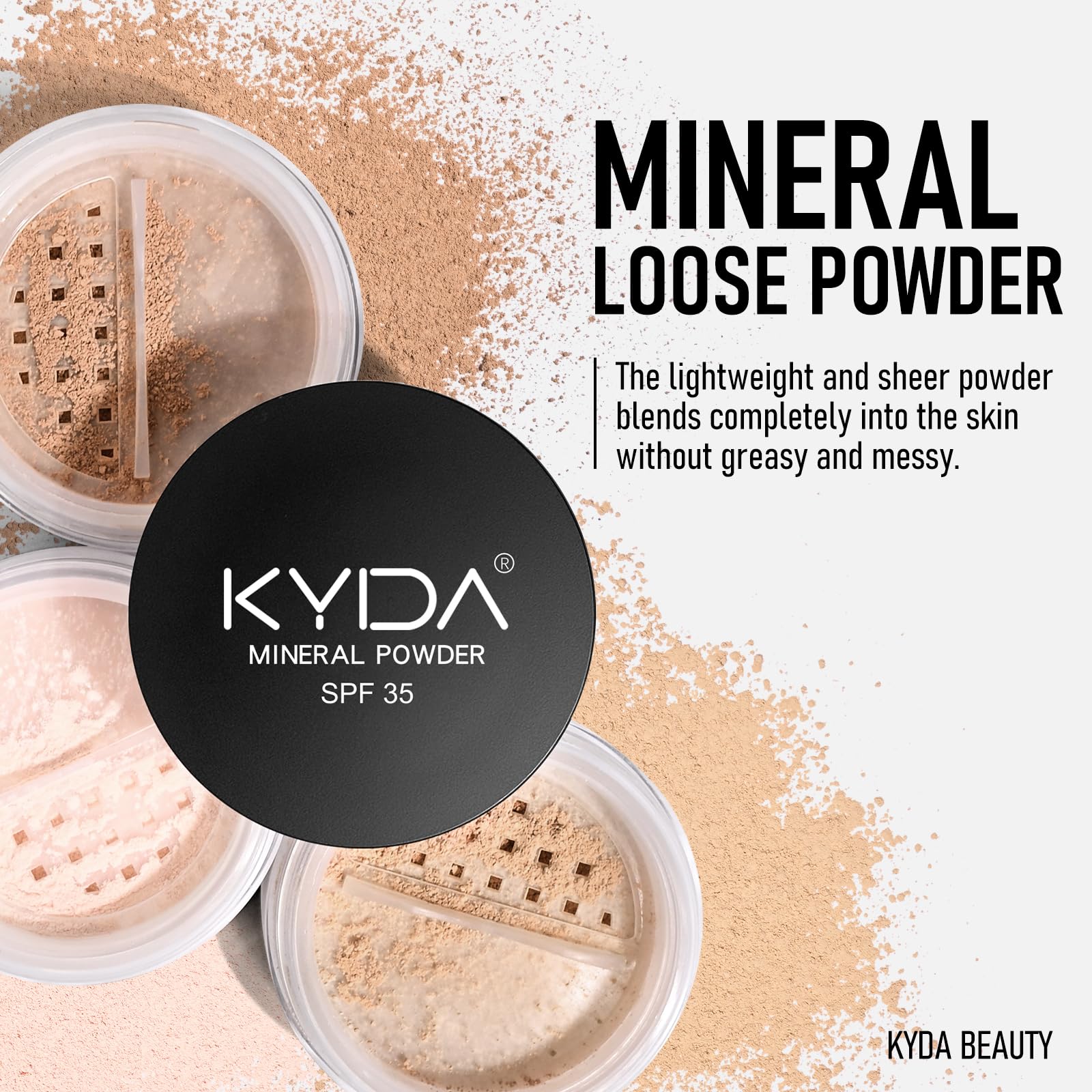 KYDA Mineral Powder Foundation SPF 35 label emphasizes mineral protection for daytime makeup.