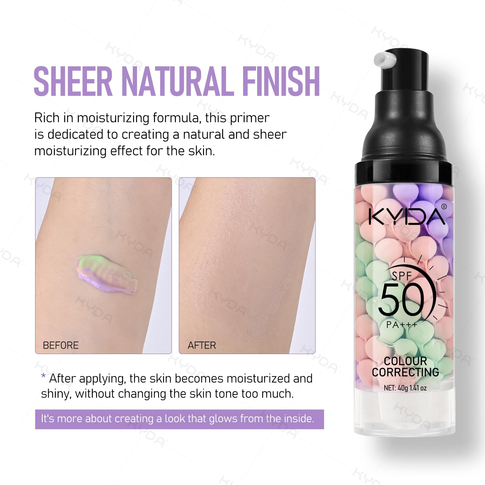 KYDA SPF50 PA+++ primer close-up shows protective makeup base.