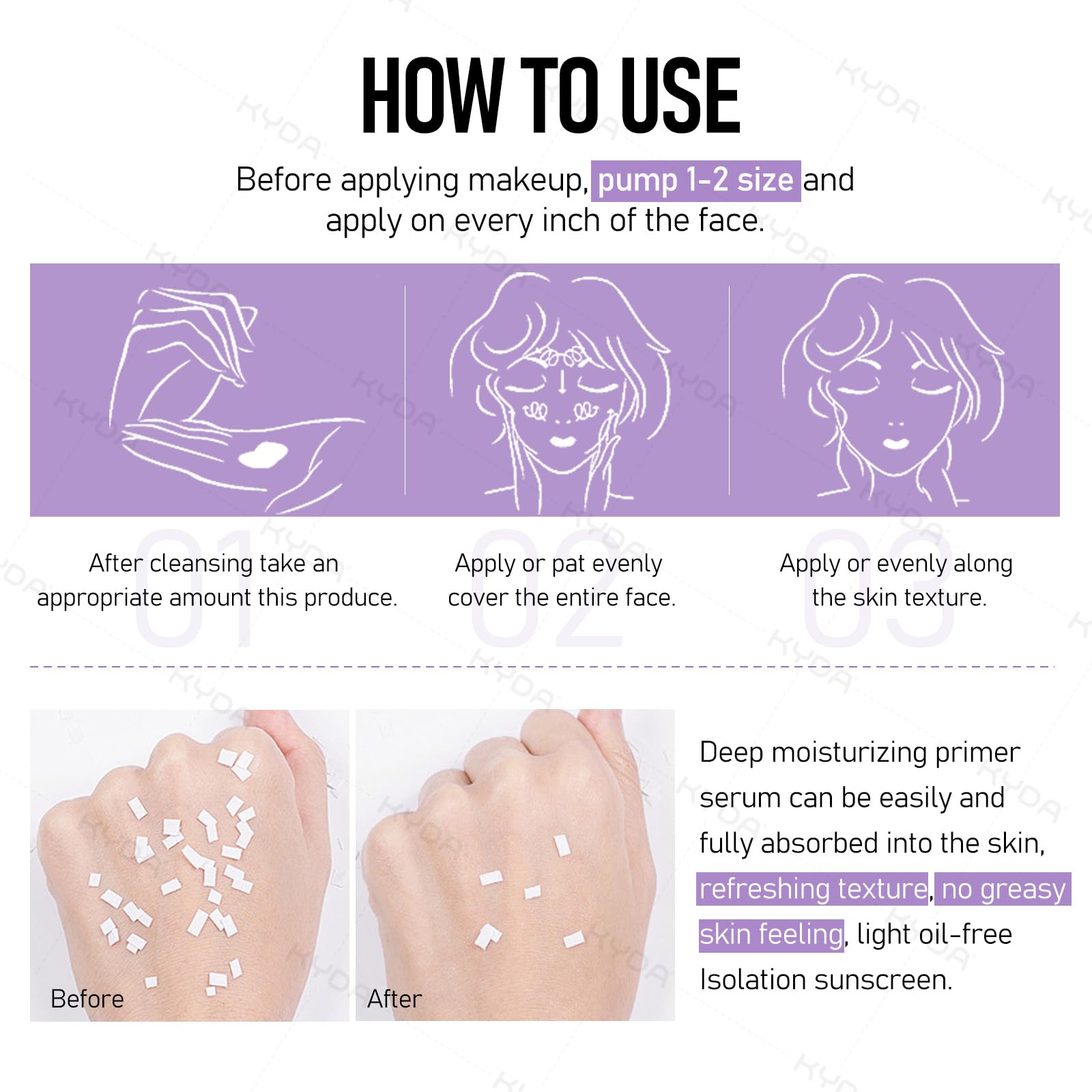 KYDA sunscreen-primer UV close-up demonstrates lightweight, non-greasy feel.
