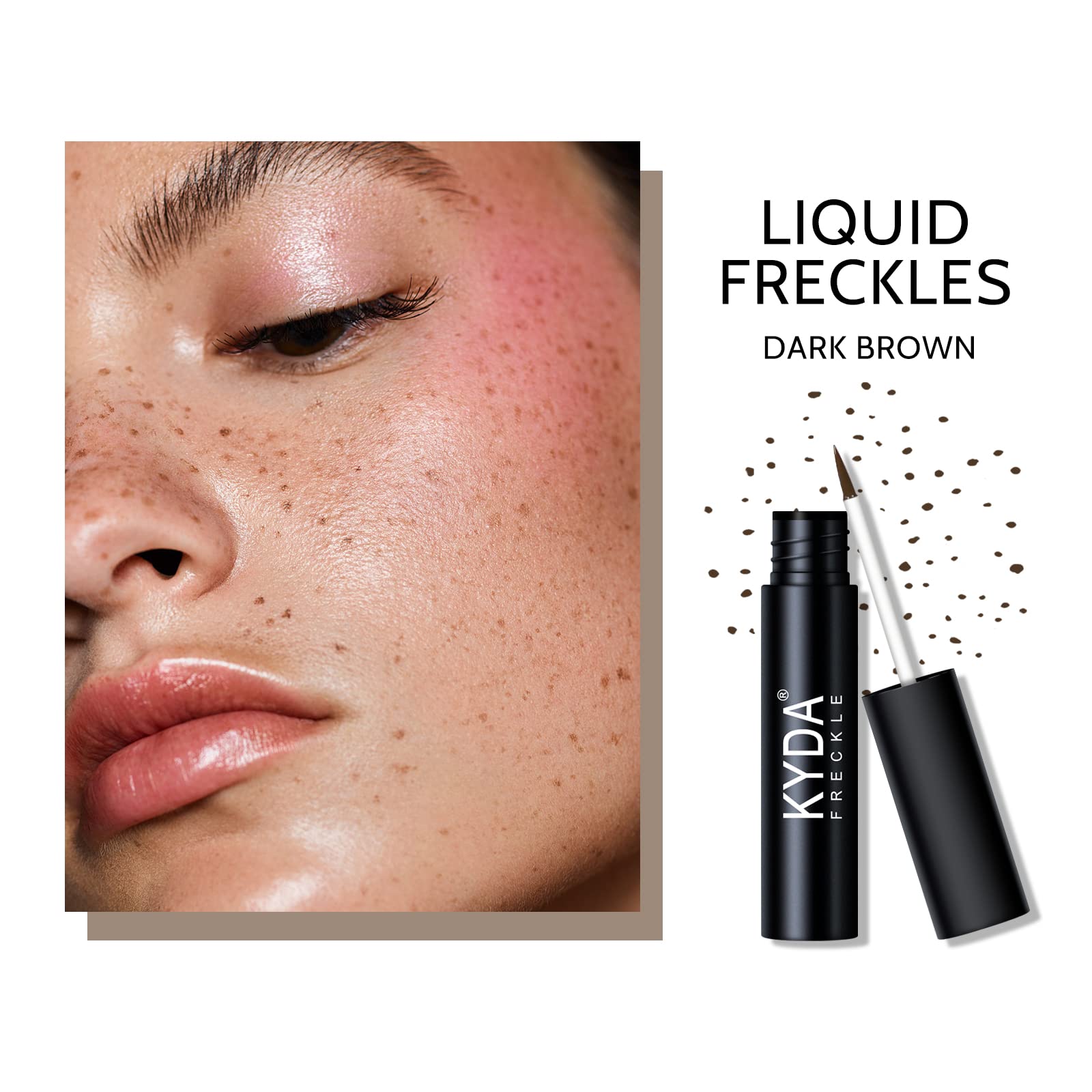 KYDA water-resistant freckle makeup swatch on hand for lasting wear.