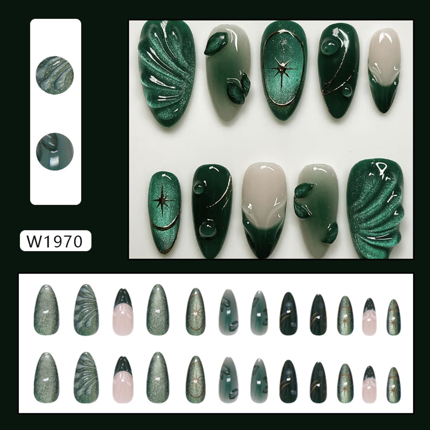 KZBTRBT uñas almendra medianas verdes con hojas, diseno elegante para cualquier ocasion