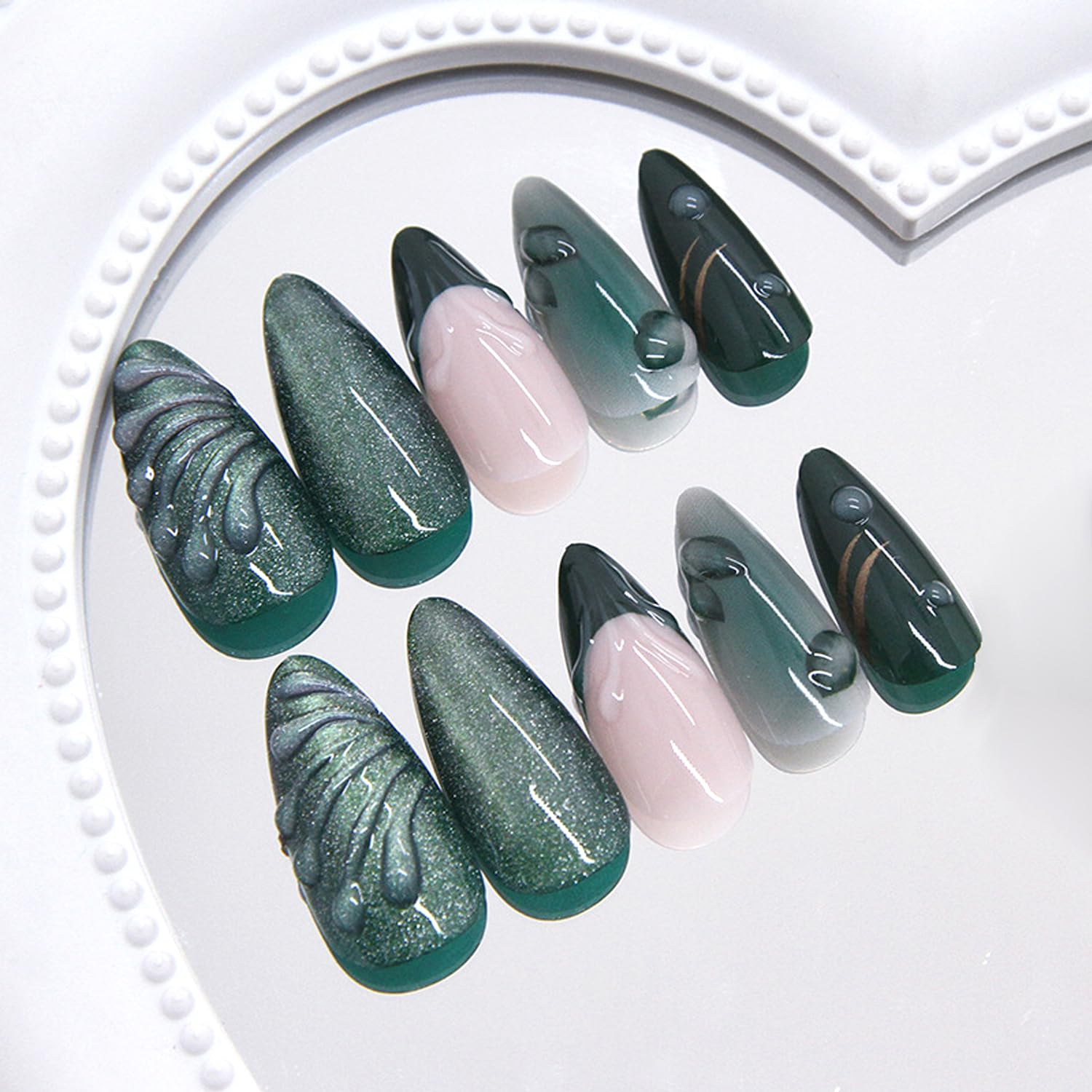 KZBTRBT uñas francesas verdes 3D, acabado brillante para un estilo llamativo
