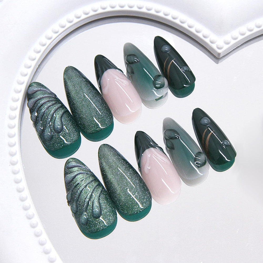 KZBTRBT uñas francesas verdes 3D, acabado brillante para un estilo llamativo