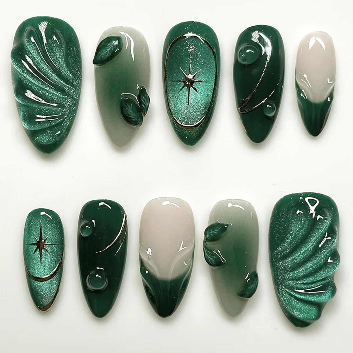 KZBTRBT uñas press-on verdes 3D ripple, estilo almendra para aplicación rápida