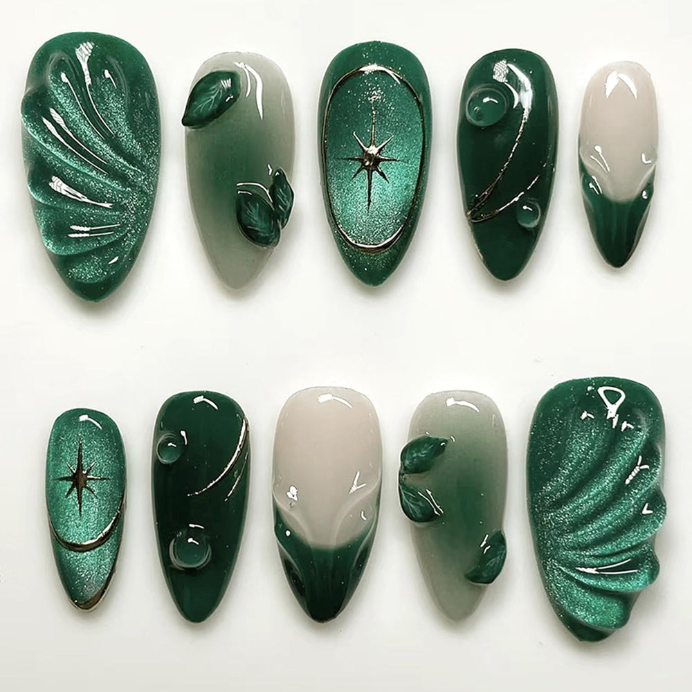 KZBTRBT uñas press-on verdes 3D ripple, estilo almendra para aplicación rápida