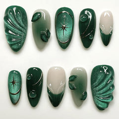 KZBTRBT uñas press-on verdes 3D ripple, estilo almendra para aplicación rápida