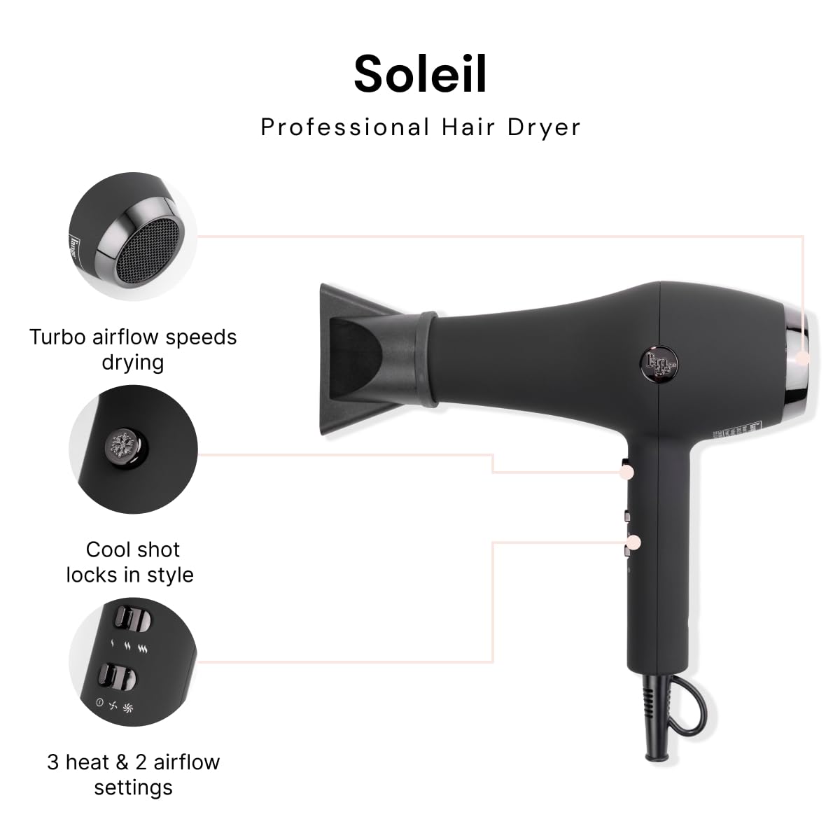 Soleil dryer controls highlight adjustable heat and airflow options.