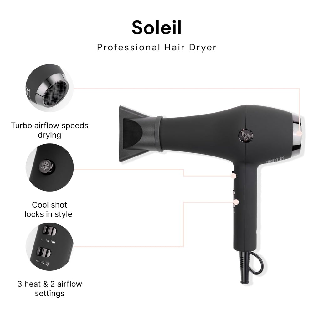Soleil dryer controls highlight adjustable heat and airflow options.