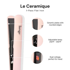 Le Ceramique 1-Pass iron in hand next to styling routine.