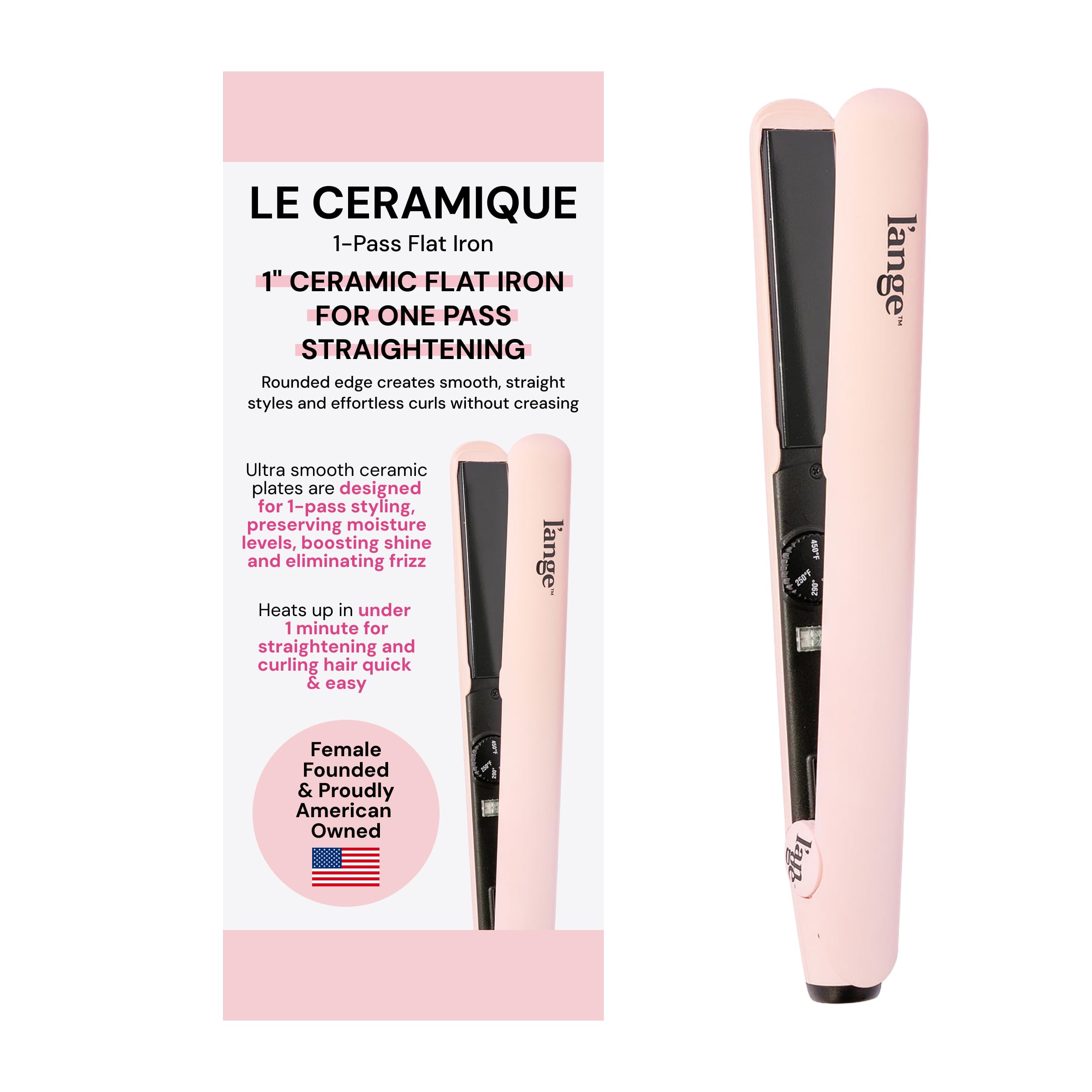 L'ANGE Le Ceramique 1-Pass flat iron on desk, compact for quick styling.