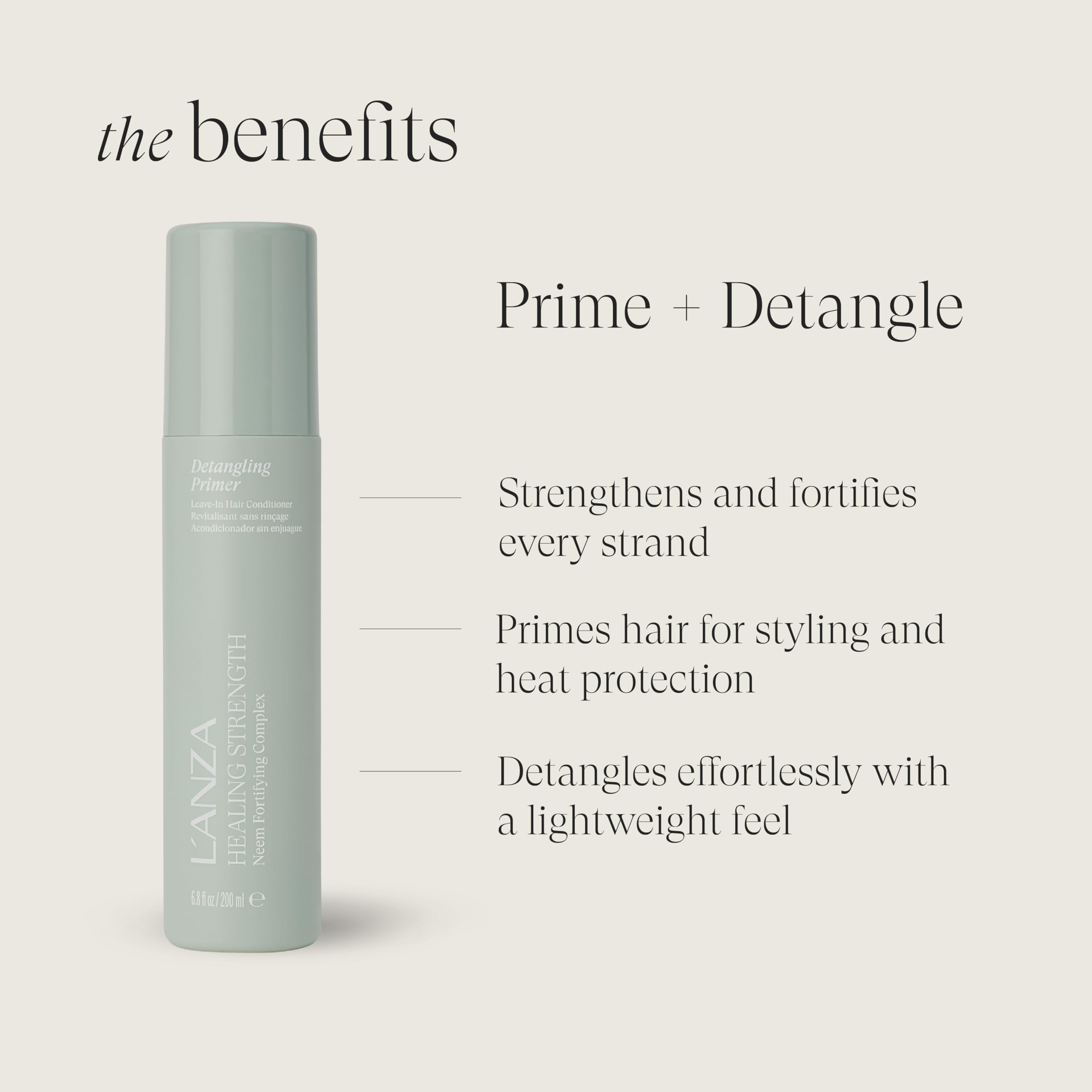L’ANZA Healing Strength Detangling Primer pump dispenser detail highlights easy application