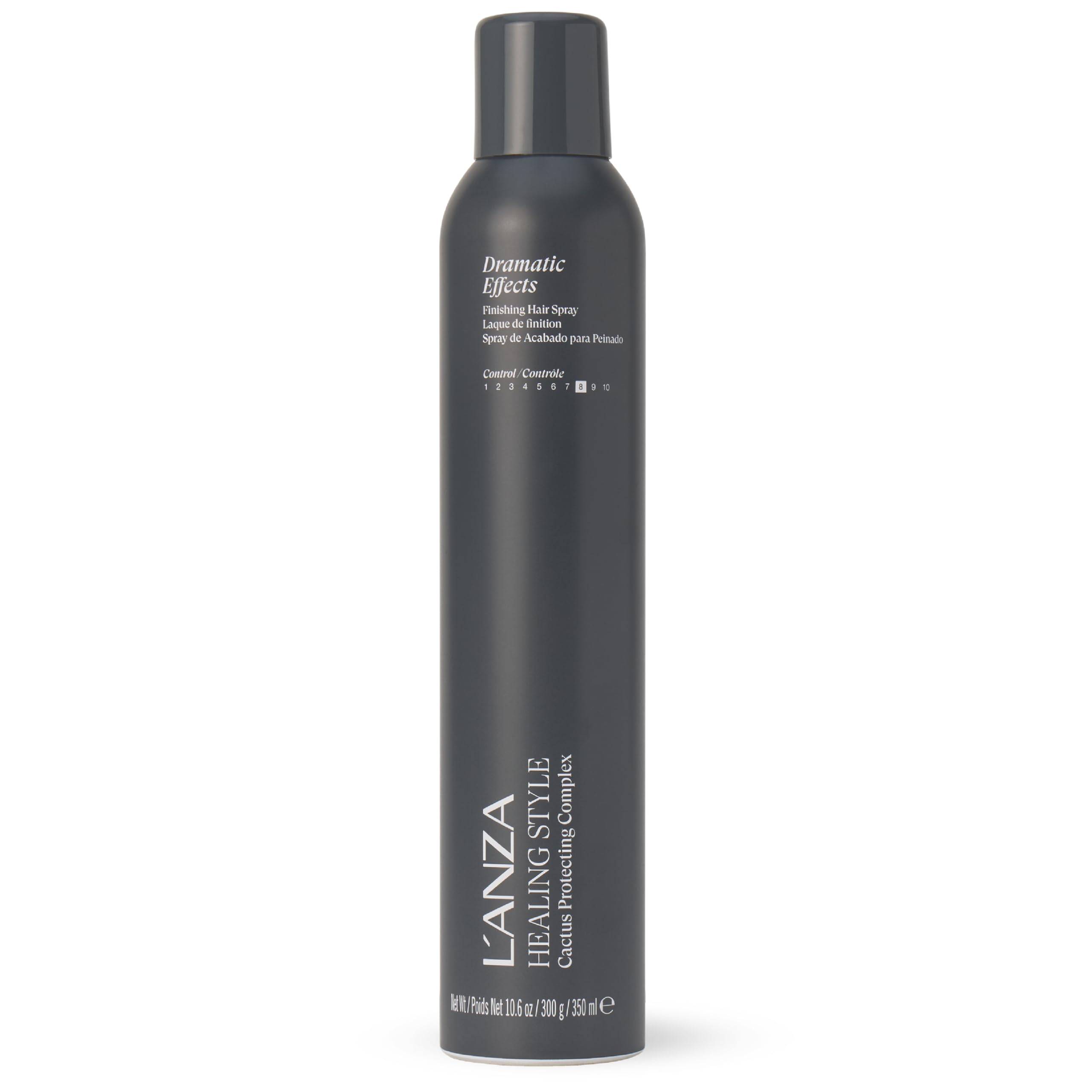 L’ANZA Healing Style Dramatic FX spray bottle delivers firm hold for polished finishes.