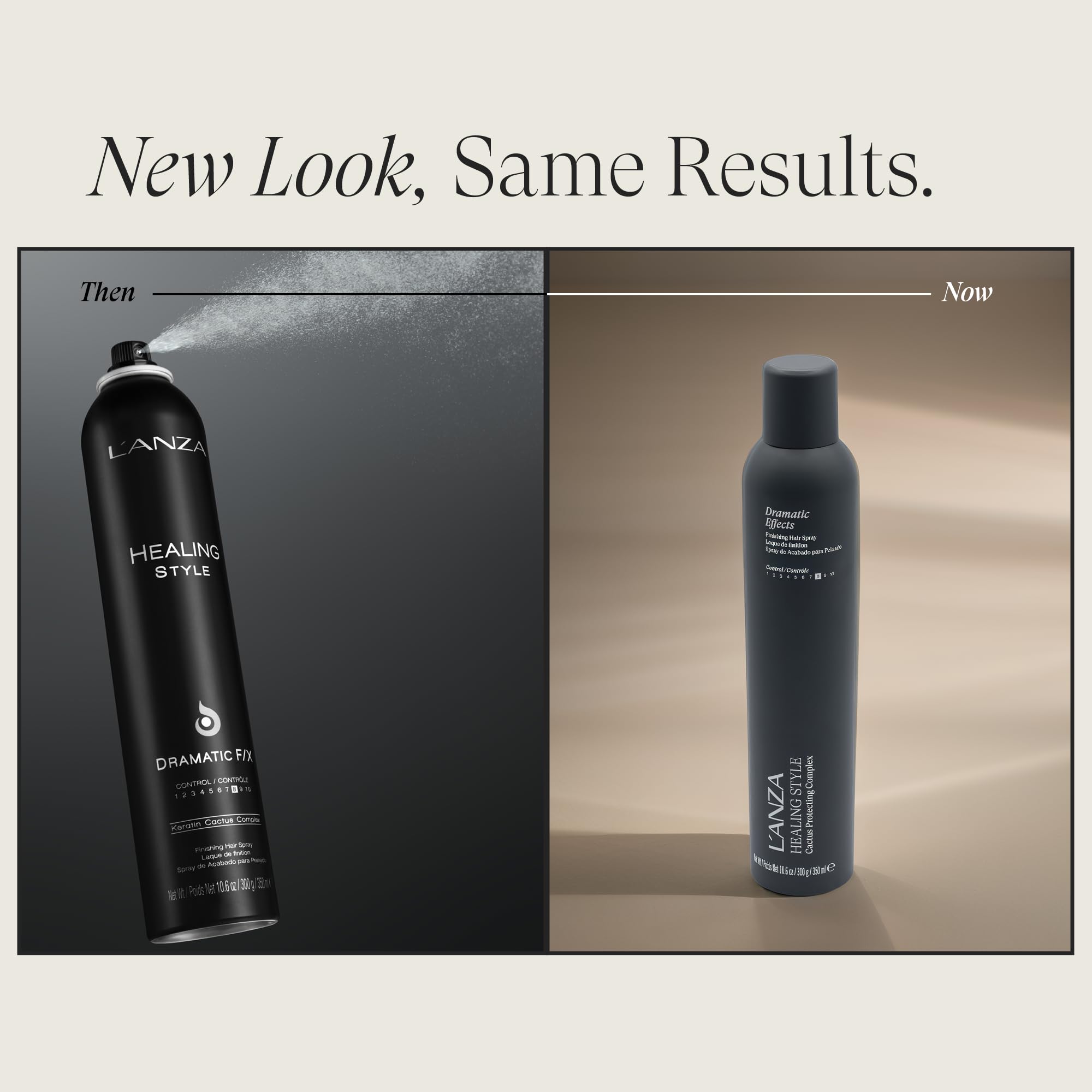 Close-up mist from L’ANZA Dramatic FX shows quick-dry formula for frizz control.