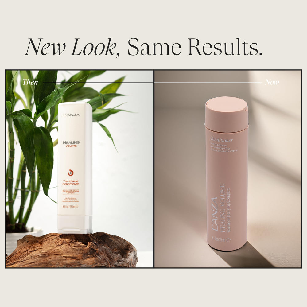 L’ANZA Healing Volume conditioner pump close-up highlights lightweight detangling.