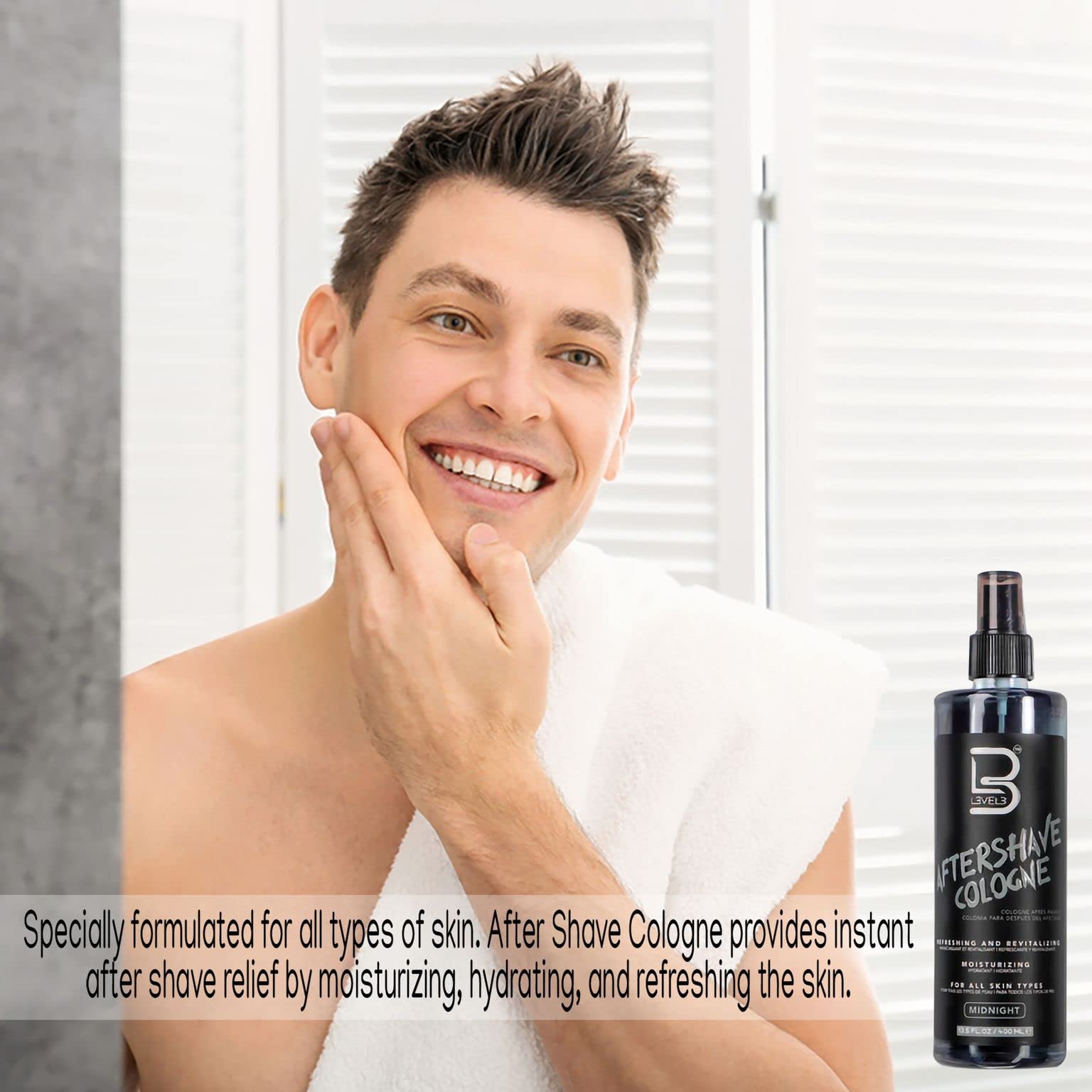 L3 Level 3 after-shave spray package presents sleek midnight branding.