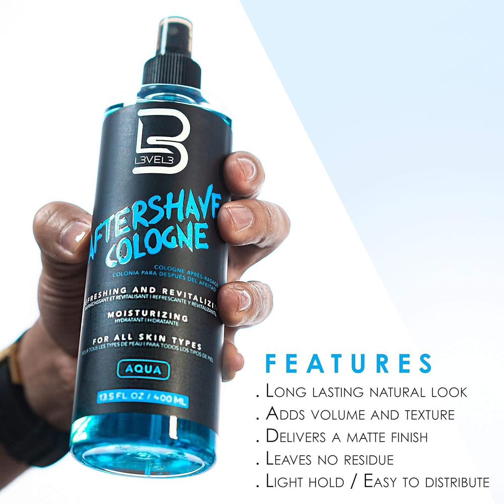 L3 Level 3 aftershave splash on skin suggests a refreshed look.