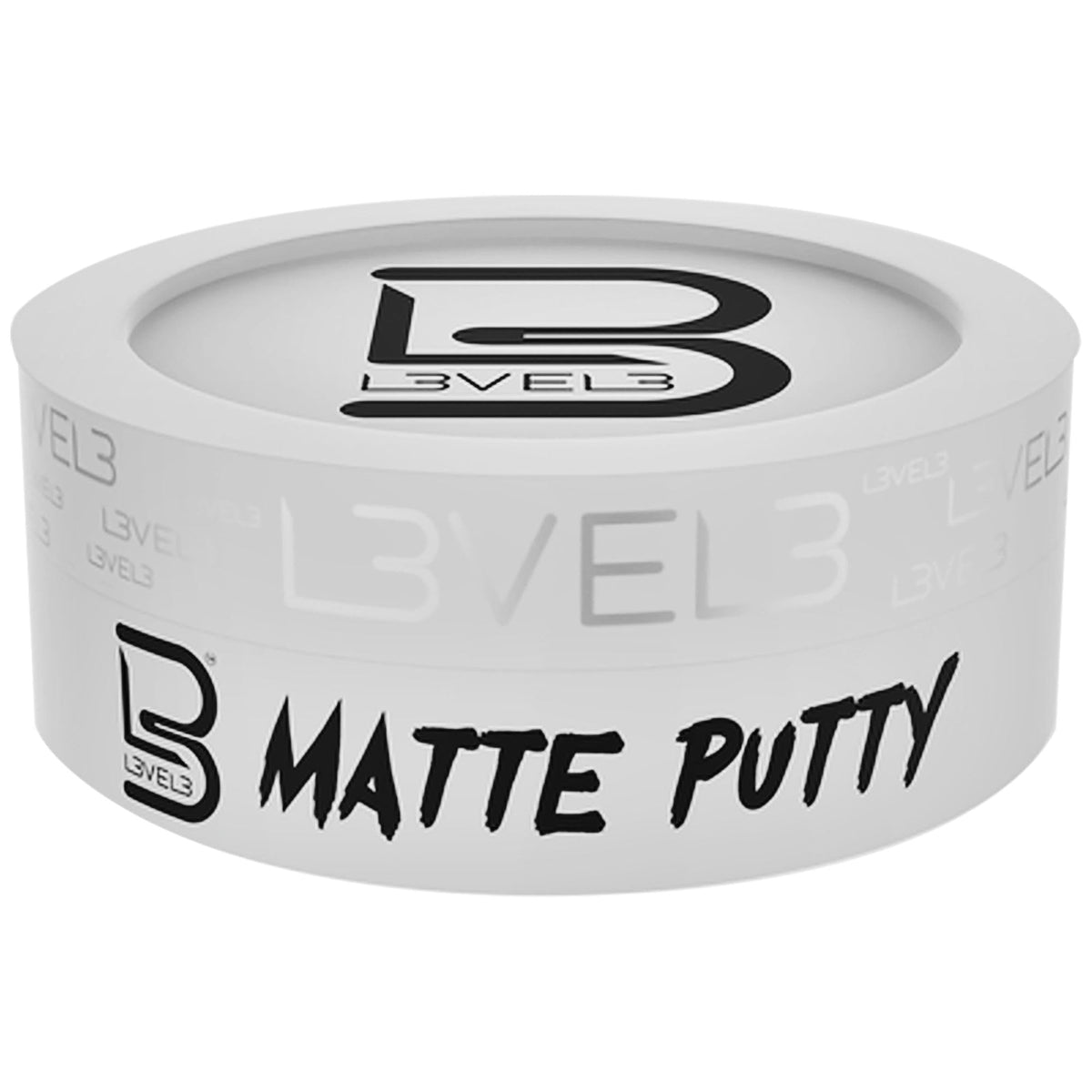L3 Level 3 Matte Putty muestra un empaque elegante para peinados naturales.