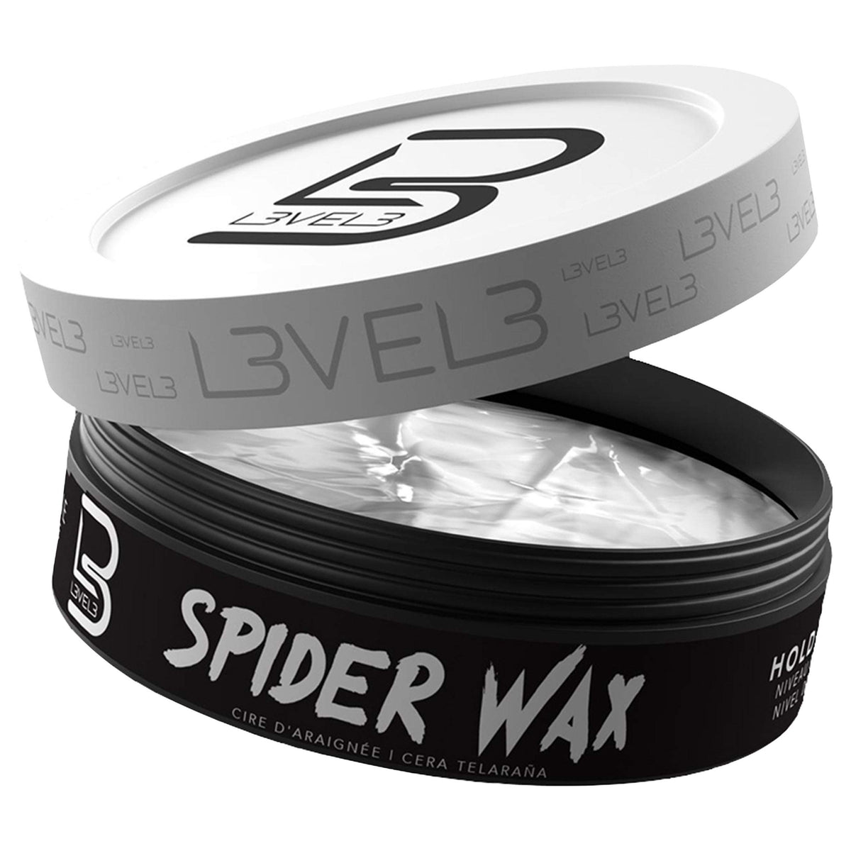 L3 Spider Wax envase: fijación duradera para volumen sostenido.