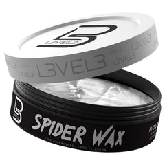 L3 Spider Wax envase: fijación duradera para volumen sostenido.