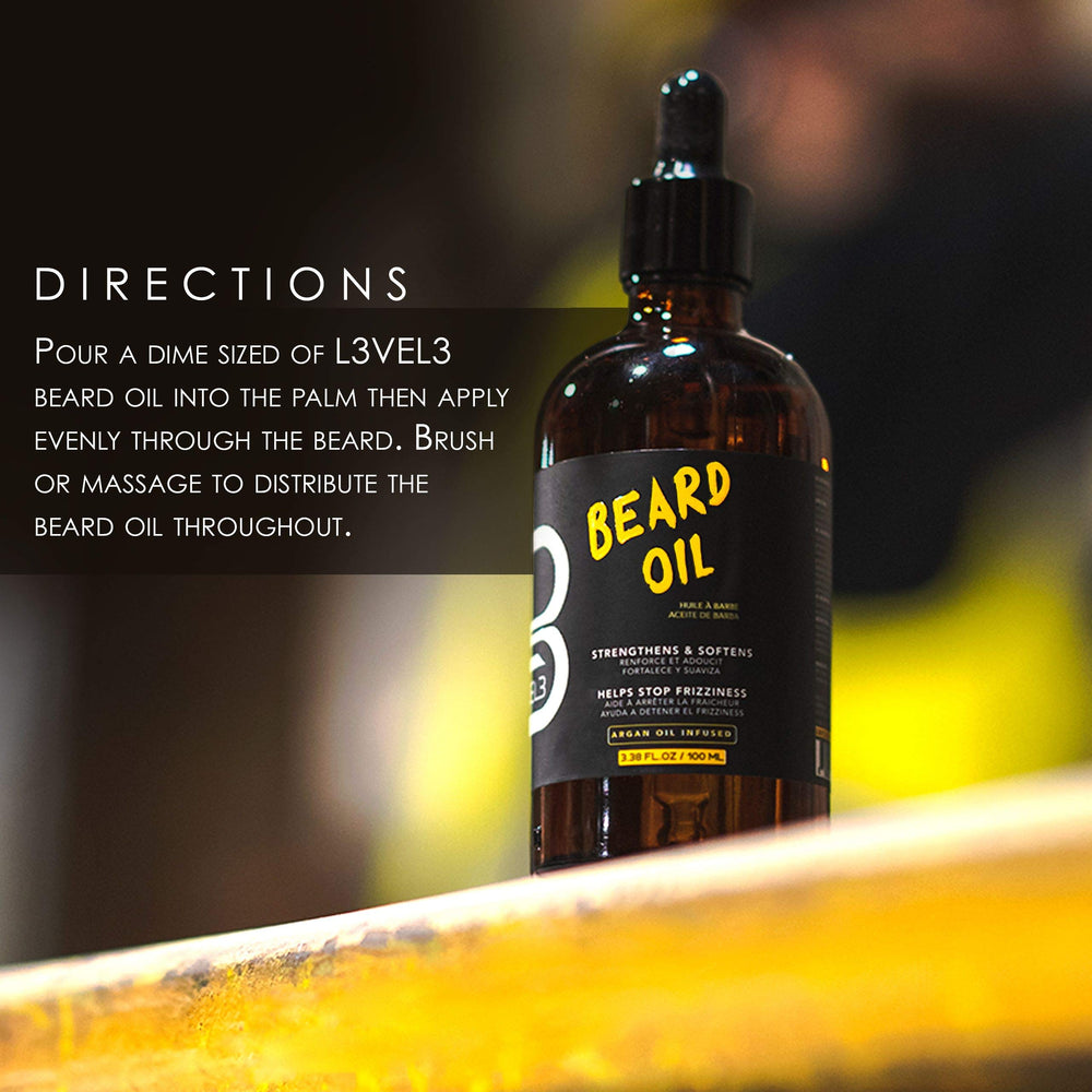 L3 Level 3 Beard Oil application promotes softer, tangle-free beard with reduced itch.