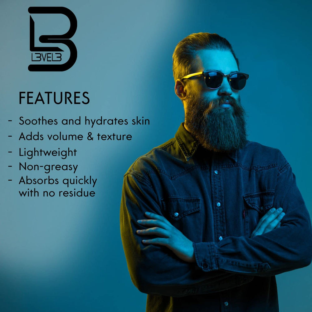 L3 Level 3 bottle close-up emphasizing hydration for facial hair