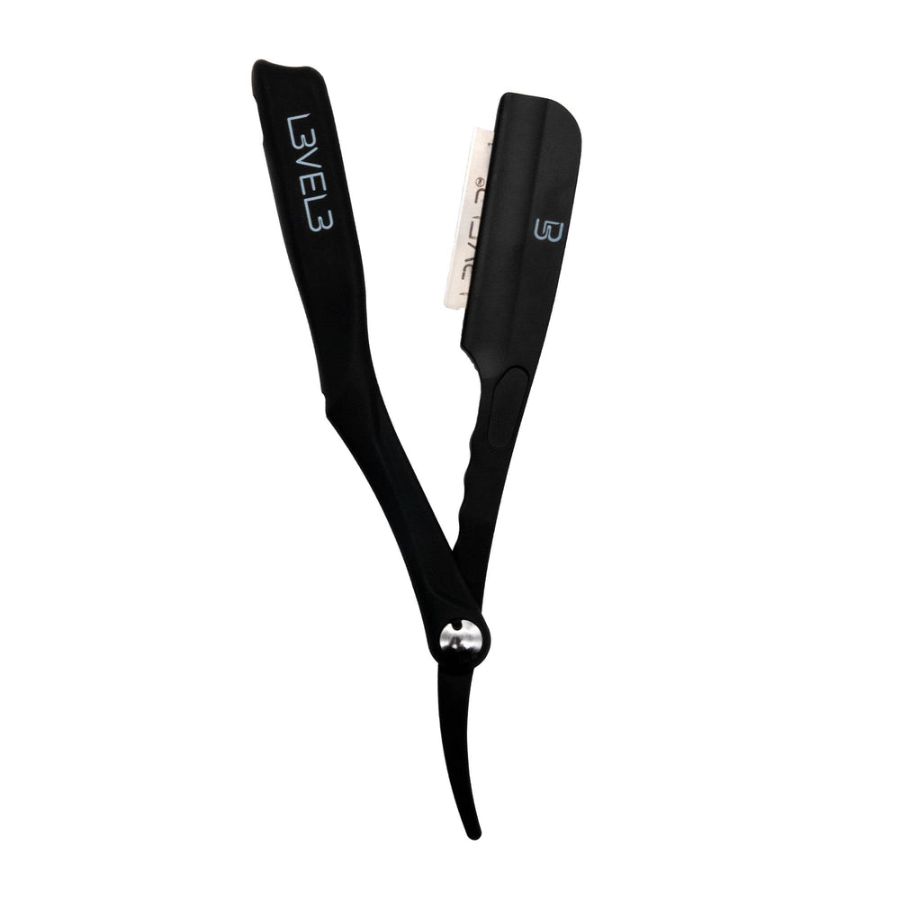 Salon-quality close shave implied by sharp edges and premium materials.