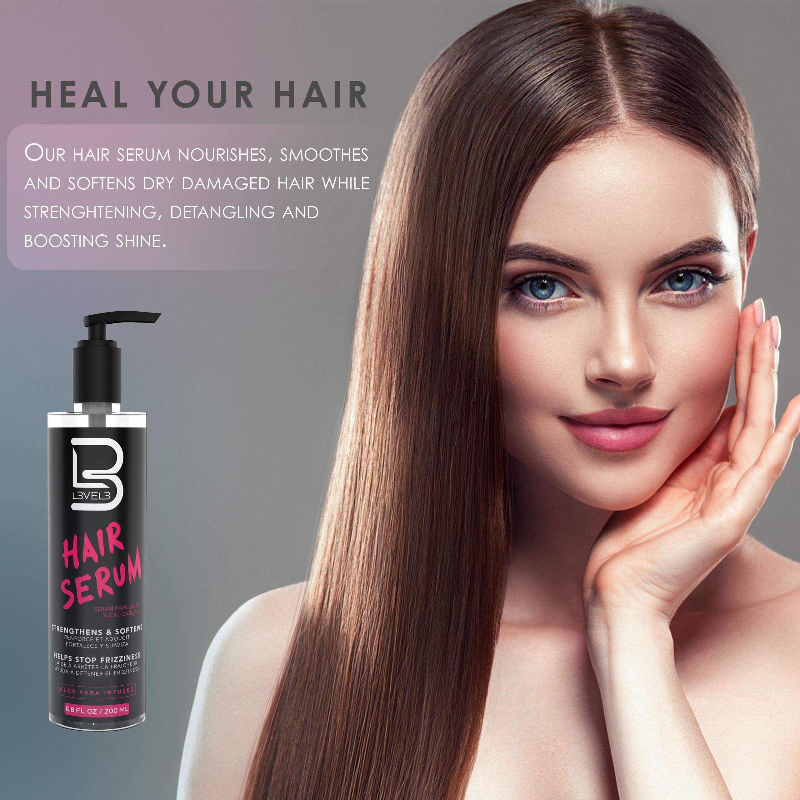 L3 Level 3 Hair Serum, aplicación con dedos, facilita el peinado desenredado.