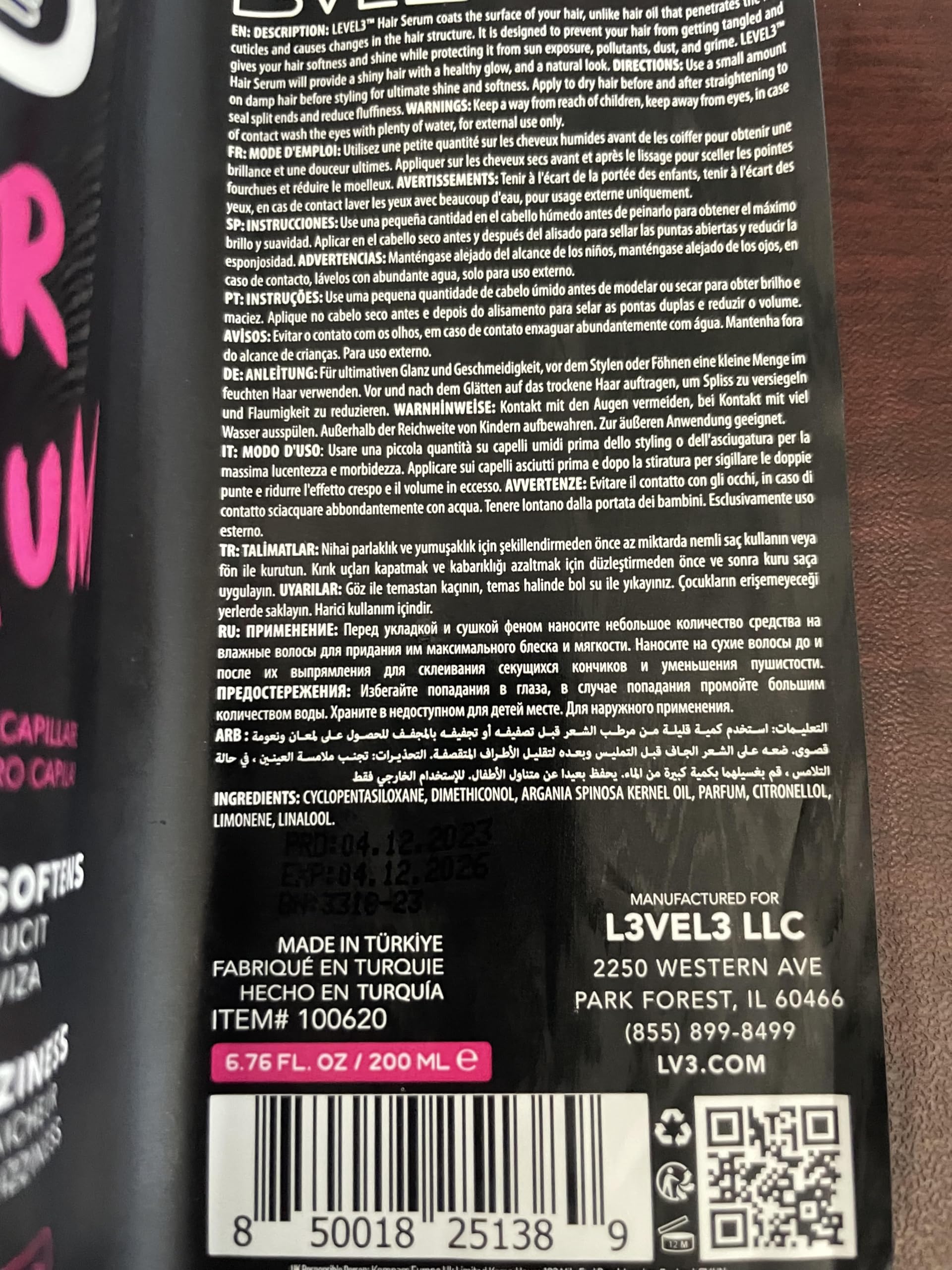 L3 Level 3 Hair Serum, brillo intenso, apariencia más luminosa en minutos.