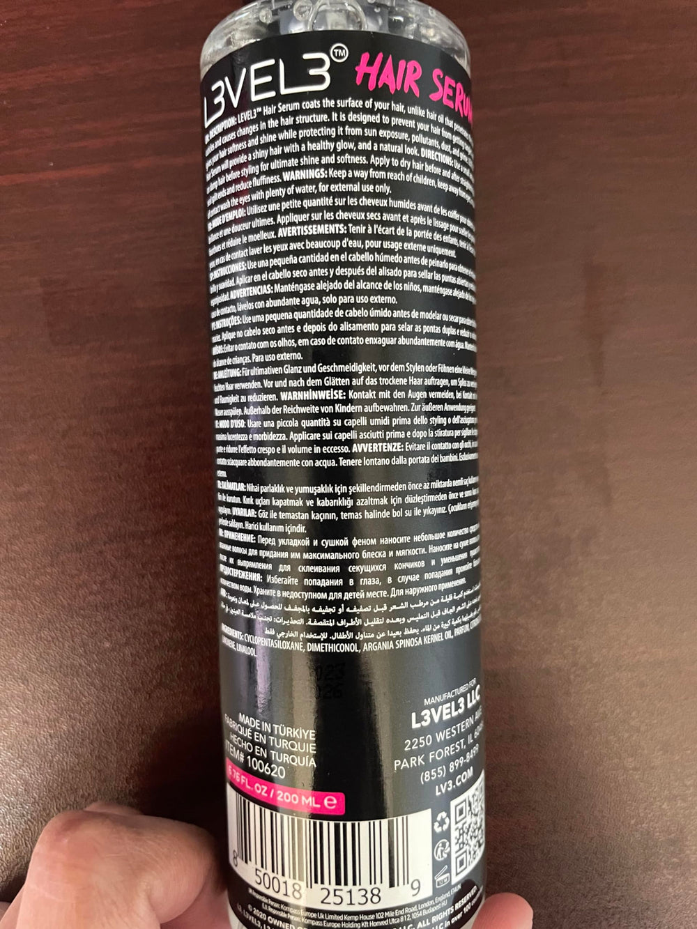 L3 Level 3 Hair Serum, control del frizz, cabello más estable bajo humedad.