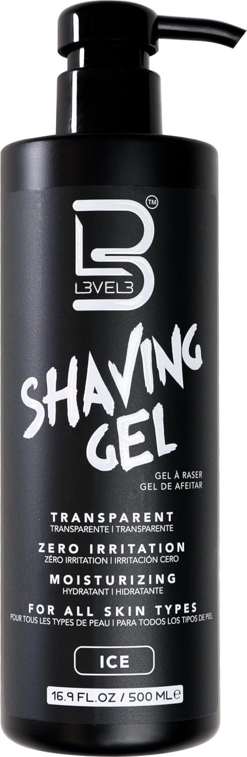 L3 Shaving Gel Ice bottle visual highlights the clear formula for precise shaving.