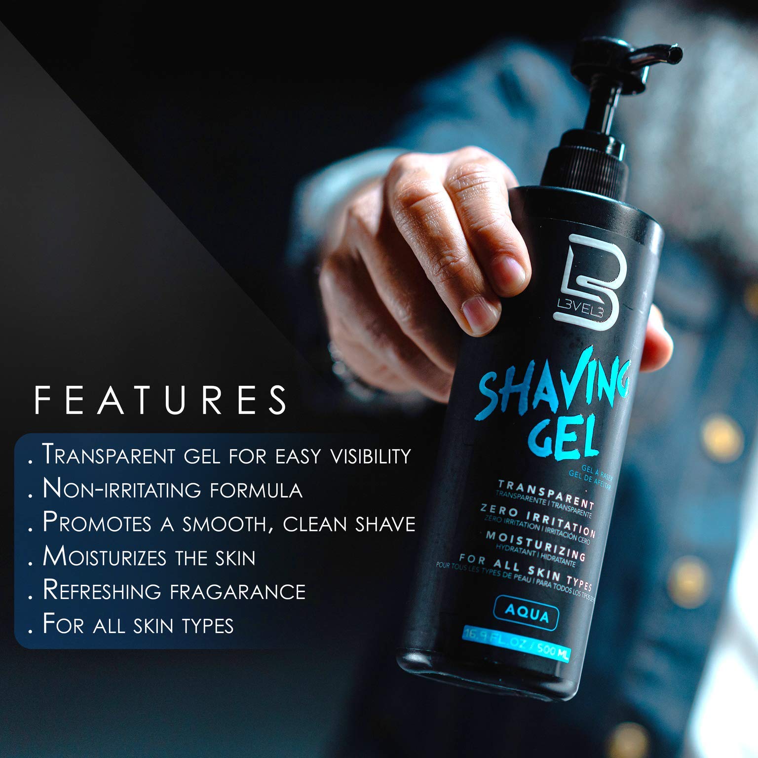L3 Shaving Gel transparent-formula highlights visibility for blade tracking.