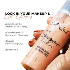 L.A. Girl Shimmer Spray Rose Gold mist in the air creating a luminous veil.
