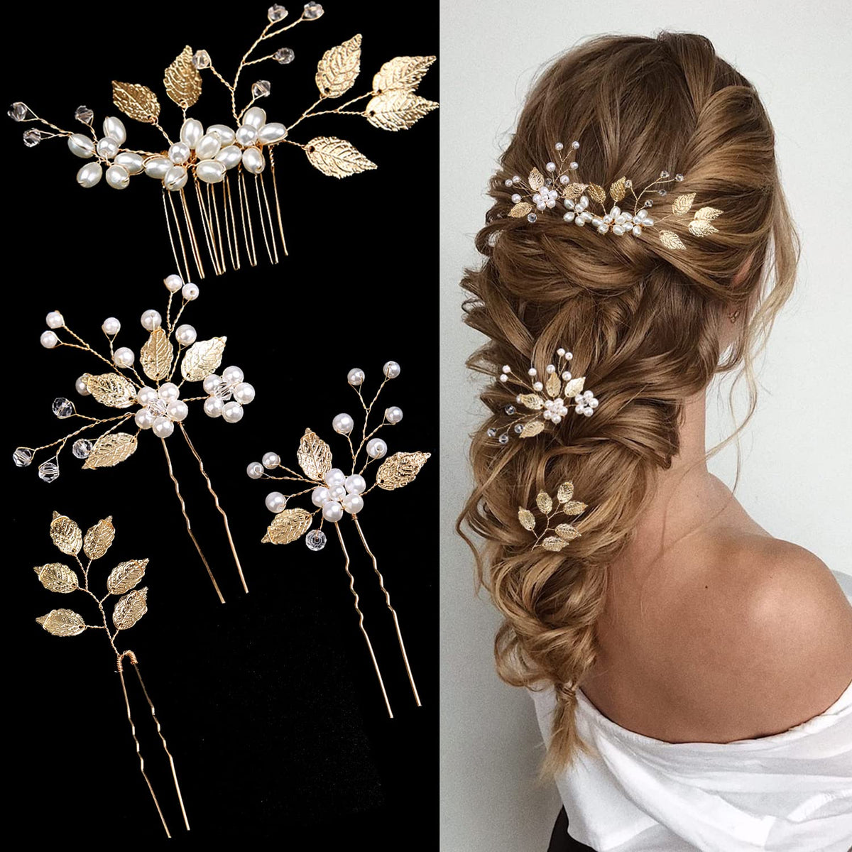 La Jolie Jasmin peine dorado con hojas, ideal para peinado de novia elegante