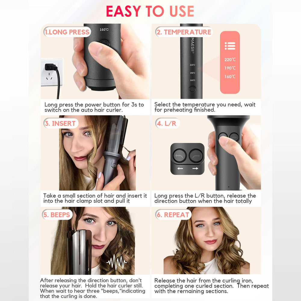 La Maesii curling iron illustrating 2 way rotation for curl direction control