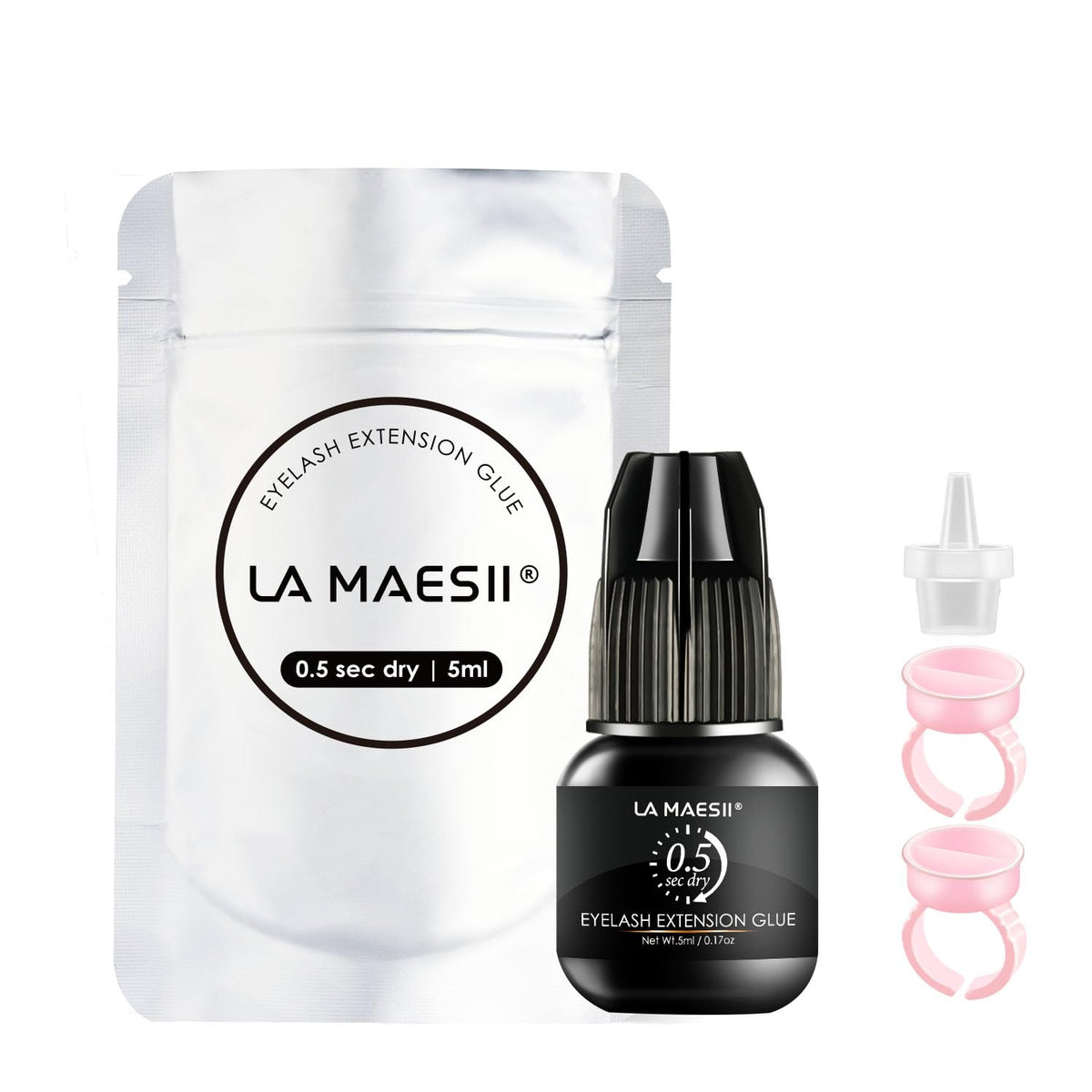 La Maesii Lash Cluster Glue bottle closeup highlighting fast-dry formula for salon use.