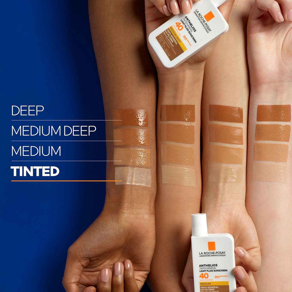 Shade options of La Roche-Posay Anthelios tinted sunscreen on skin