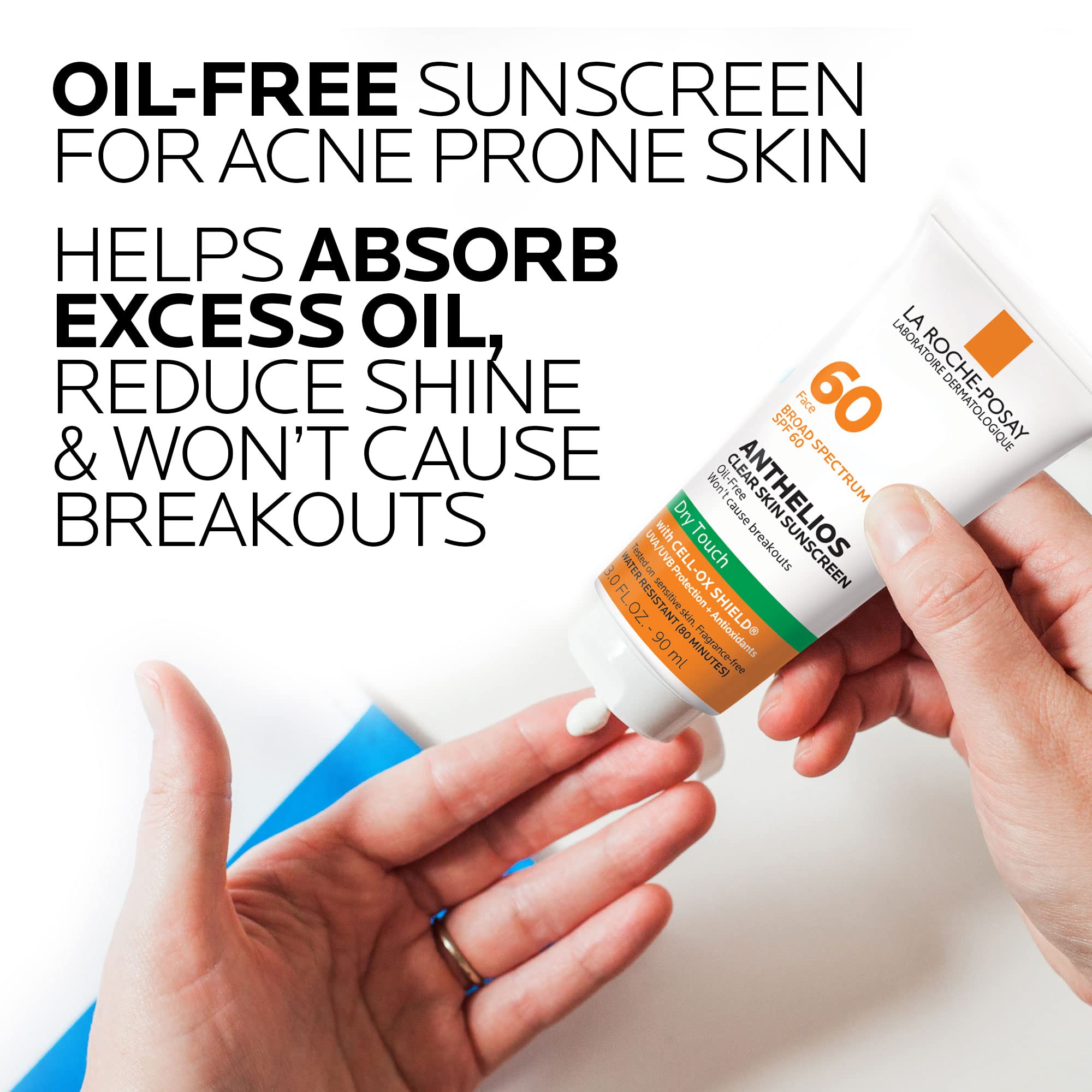 La Roche-Posay Anthelios Clear Skin sunscreen texture shows matte dry-touch finish.