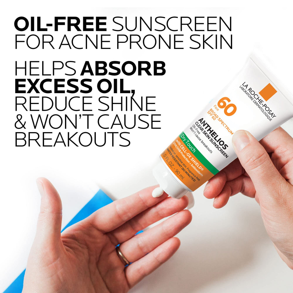 La Roche-Posay Anthelios Clear Skin sunscreen texture shows matte dry-touch finish.