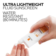 Texture close-up shows fast-absorbing matte finish of La Roche-Posay Anthelios Light Fluid.