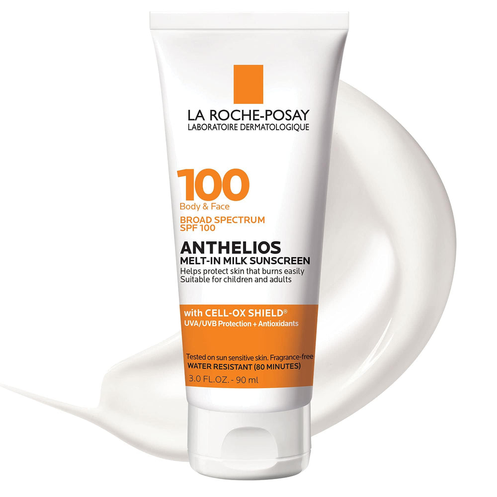 La Roche-Posay Anthelios Melt-In Milk SPF 100 bottle pour for quick, non-greasy coverage.