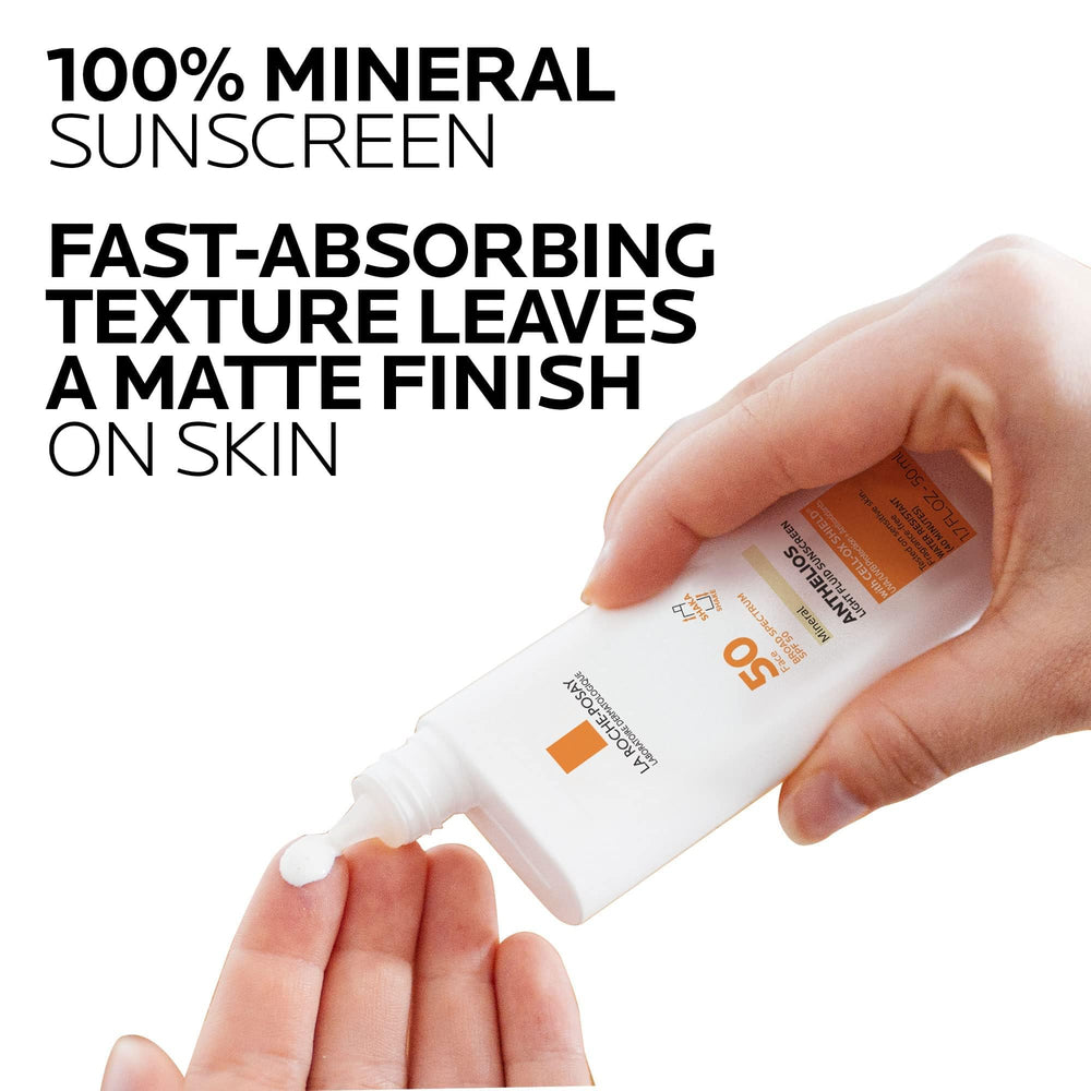 La Roche-Posay Anthelios mineral sunscreen spread on skin with matte finish.