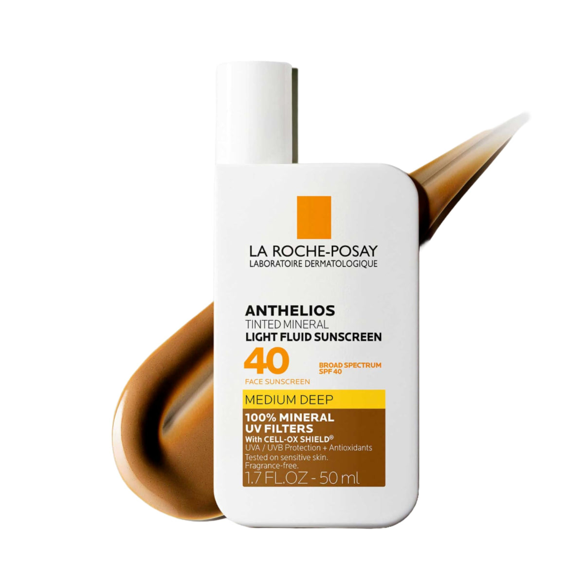 La Roche-Posay Anthelios tinted sunscreen bottle shows mineral filters and subtle tint.
