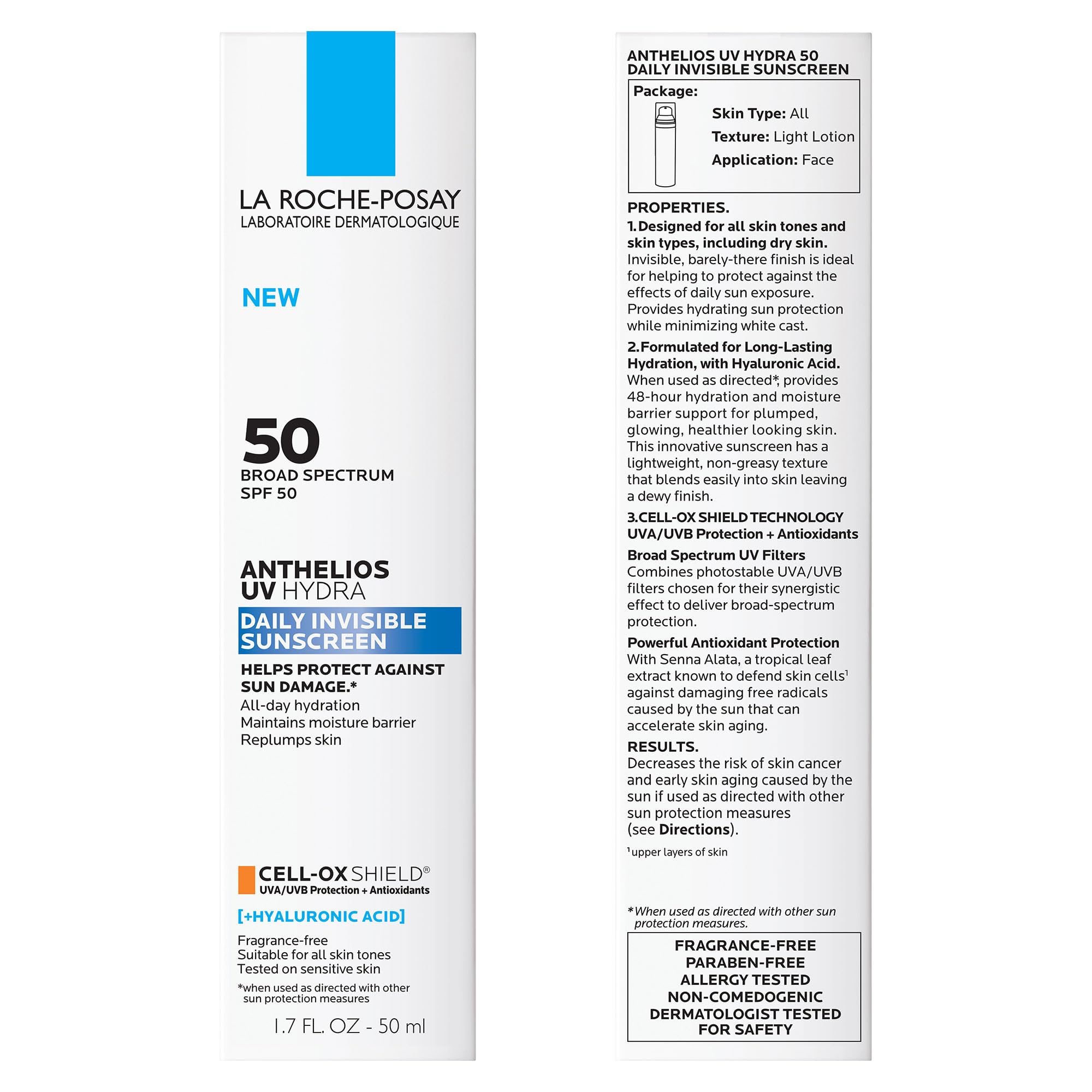 Fragrance-free label on La Roche-Posay Anthelios UV Hydra Sunscreen for sensitive skin.