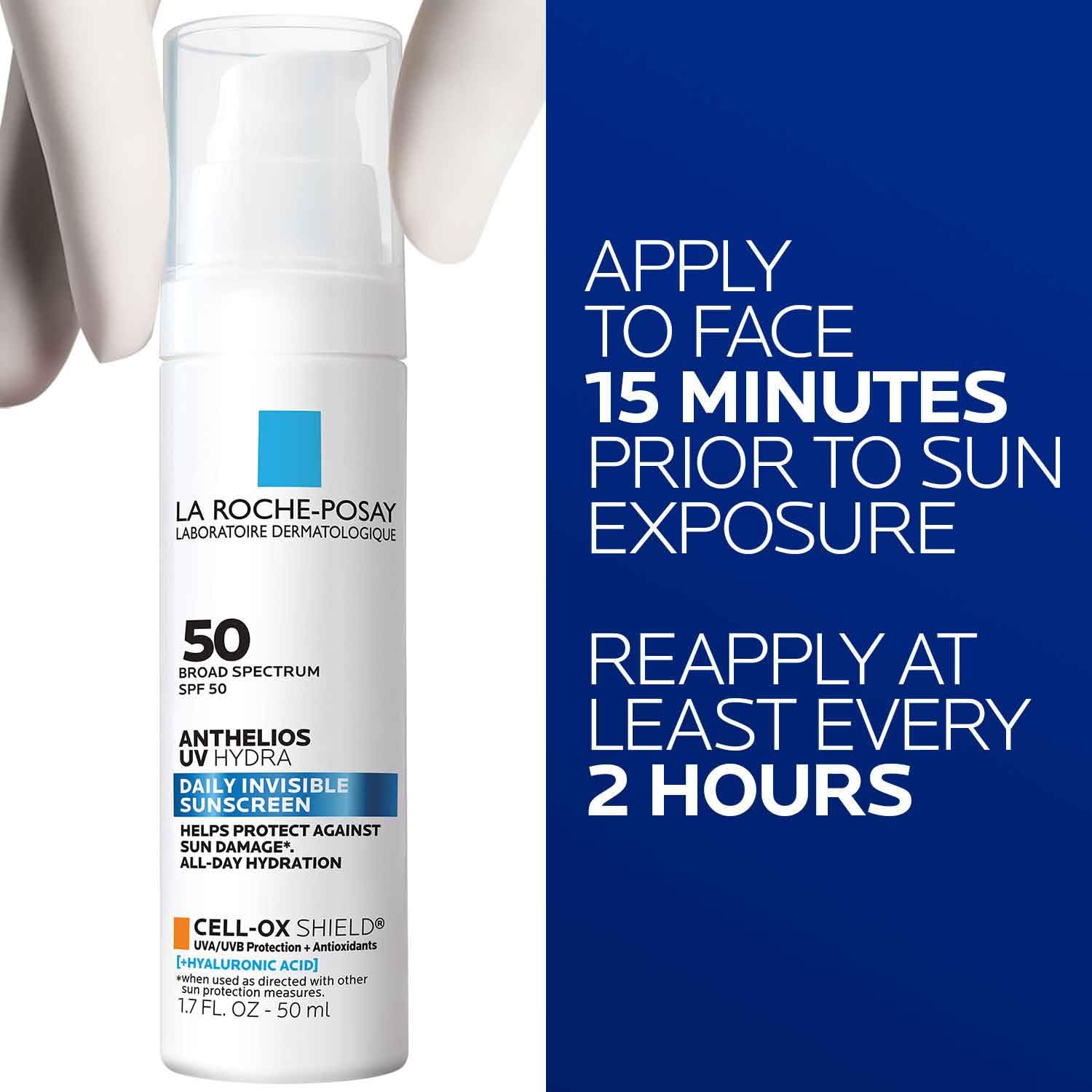 Close-up of the La Roche-Posay Anthelios UV Hydra sunscreen pump dispensing easily.