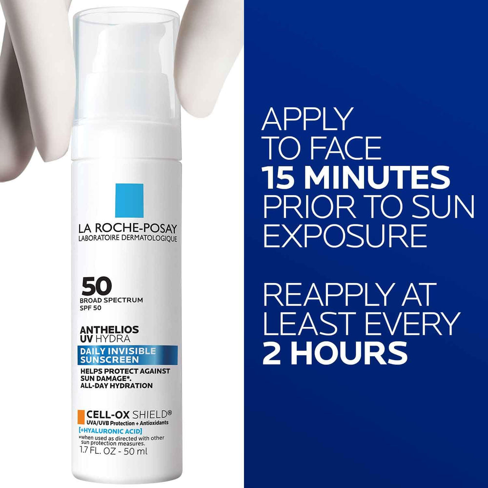Close-up of the La Roche-Posay Anthelios UV Hydra sunscreen pump dispensing easily.